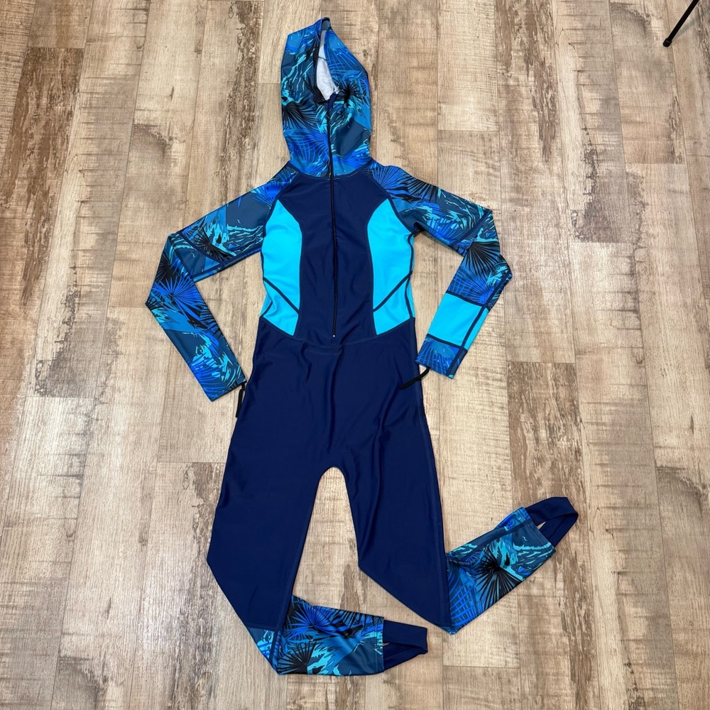 SBART Women's Size S Full Body Wetsuit Hooded Black Blue 1/4 Zip Rash Guard
